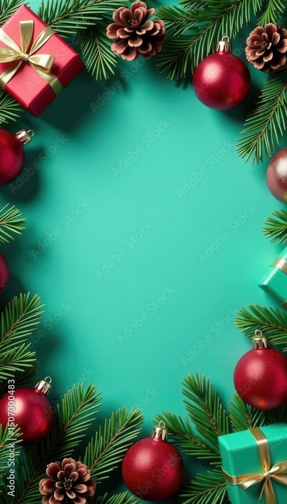 Circular frame of pine, gifts, baubles on teal Top view , boxes, red, circle Circular frame of pine, gifts, baubles on teal Top view , boxes, red, circle