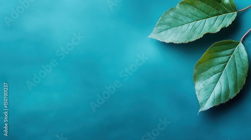 A minimalist composition showcasing fresh green leaves set against a soft, vibrant blue background, creating a sense of tranquility and nature's beauty.