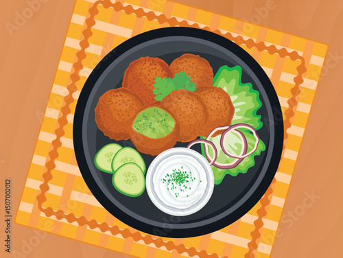 Falafel and dipping sauce on a plate top view vector illustration. Falafel and vegetable garnish on a wooden table above view vector. Middle eastern deep fried chickpea balls on the table drawing