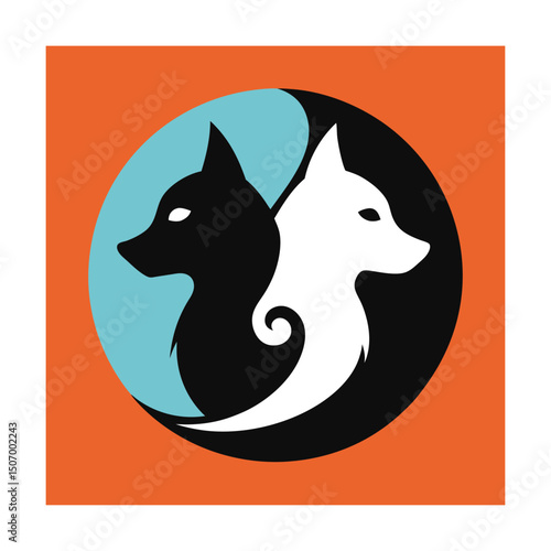 Yin yang symbol representing balance and harmony featuring two fox silhouettes in black and white