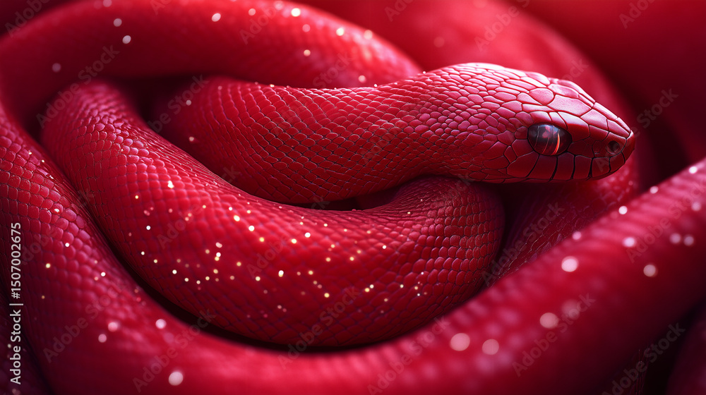 Fototapeta premium Bright red snake resting peacefully in a natural setting, showcasing vibrant scales and intricate patterns