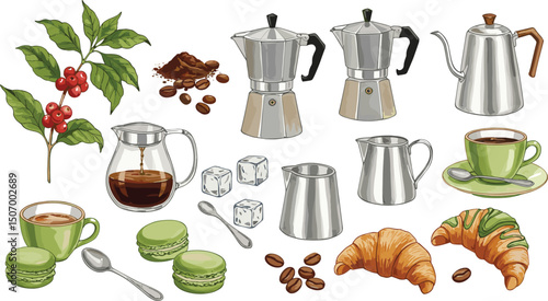 Coffee, beans, geyser coffee maker, coffee cup and croissant.