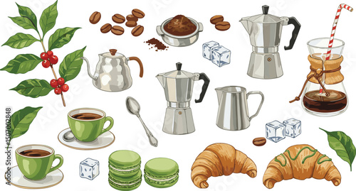 Coffee, beans, geyser coffee maker, coffee cup and croissant.