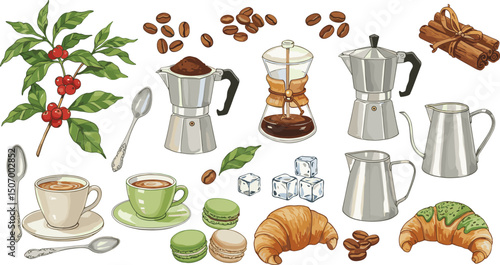 Coffee, beans, geyser coffee maker, coffee cup and croissant.