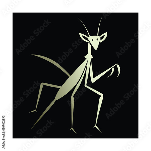 Stylized praying mantis illustration featuring vector art on a solid black background