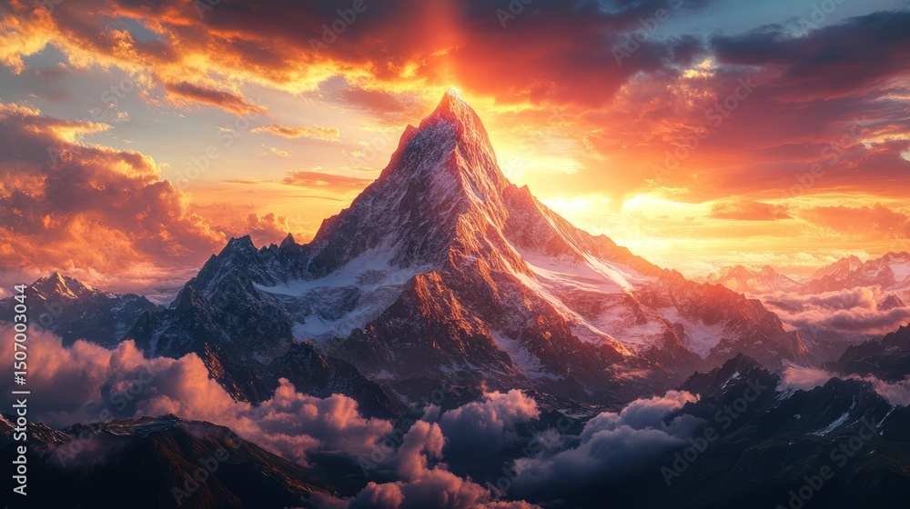 Fototapeta premium Majestic Sunset over Snow-Capped Peaks: A Breathtaking Mountain Panorama
