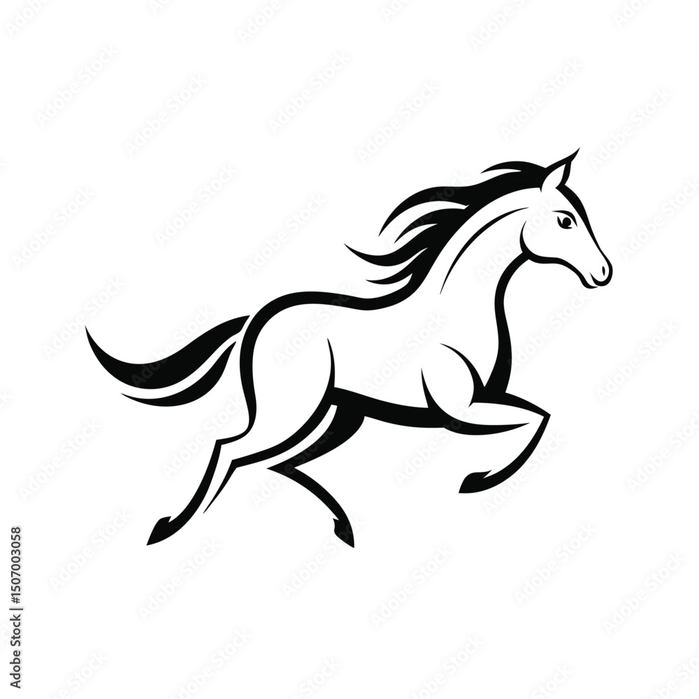 Elegant vector illustration of a running horse with a gold mane in black and white Elegant vector illustration of a running horse with a gold mane in black and white