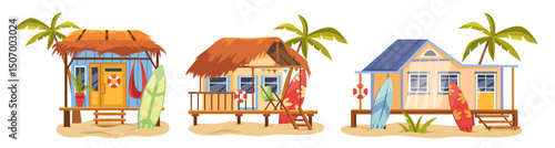 Vector surfer house set. Sea or ocean hut or seaside bungalow with surfboard. Summerhouse architecture or coastal cabana outdoor. Vacation and tropical holiday clipart. Collection of tropical shack.