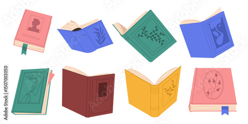 Vector isolated opened books. Hard cover literature clipart. Non fiction and educational information element with bookmark for study material. Text and paper sign. Knowledge and reading, teaching.