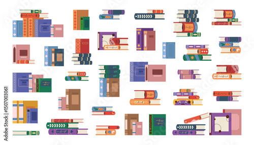 Set of book stack or hardcover literature pile. Vector element for library or bookstore. Fiction and non fiction knowledge material. Content endpaper. Reader information. Learning and reading, study.
