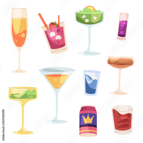 Set of cocktail glass icon. Vector fruity mixed drink with tropical elements. Summer alcohol beverage isolated. Cold refreshment shaker for party or bar. Exotic mocktail for celebration and nightlife.