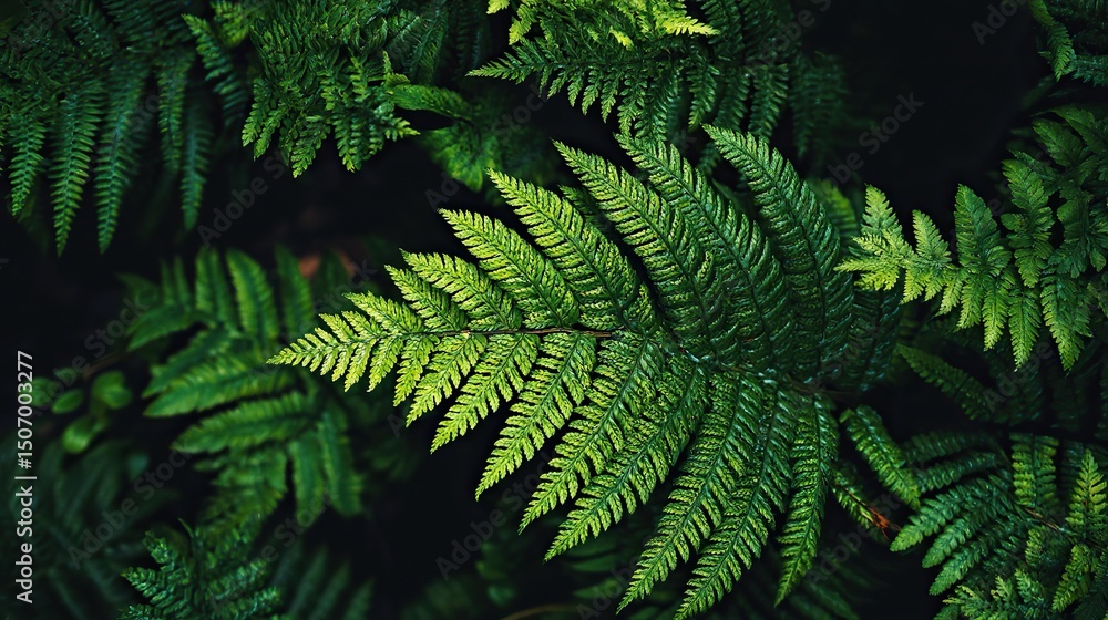 Aerial view of fern leaves on a dark green background, symbolizing nature, environment, and tranquility. Close - up top perspective showcasing lush foliage and serene natural atmosphere. Aerial view of fern leaves on a dark green background, symbolizing nature, environment, and tranquility. Close - up top perspective showcasing lush foliage and serene natural atmosphere.