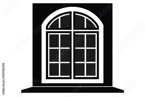 Black window frame with halfcircle top and several panes of glass graphic