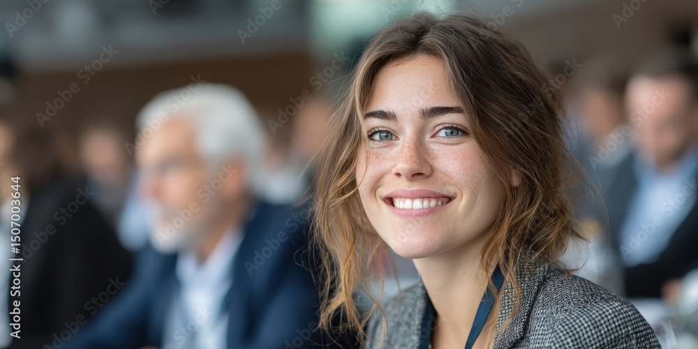 Obraz premium Young Happy Businesswoman Attending Seminar in Conference Hall
