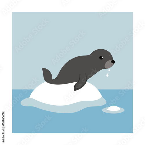 Cute cartoon seal resting on an ice floe with droplets and a simple arctic setting