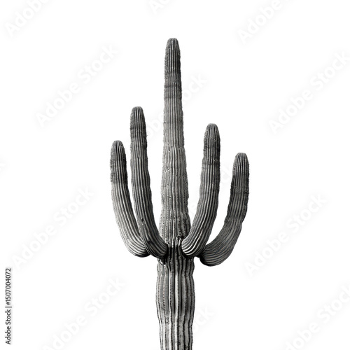 Tall, majestic cactus stands prominently against plain background, showcasing its unique, ribbed texture and multiple arms reaching upward. This striking plant symbolizes resilience and beauty