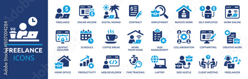 Freelance icon set. Containing work online, remote work, freelancer, laptop, home office, client meeting, self-employed, graphic designer and more. Solid vector icons collection.