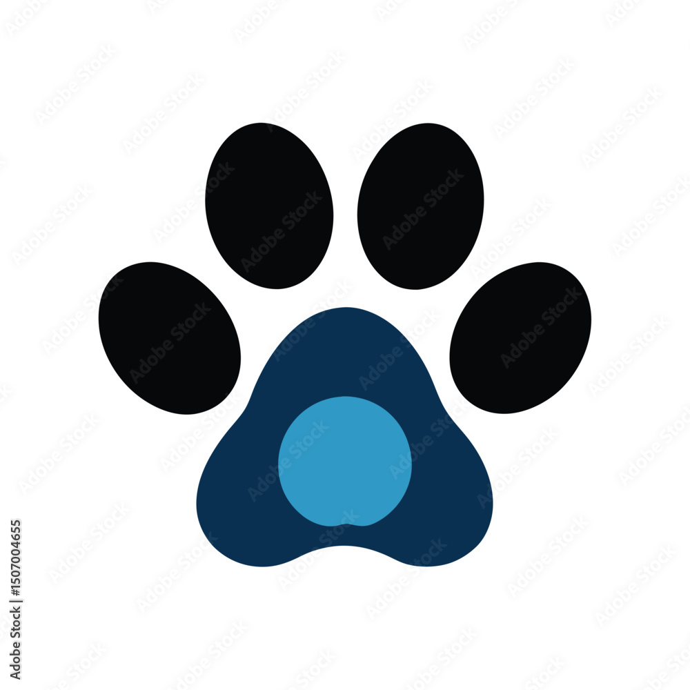 Modern and clean paw print design with blue and black colors on a white background Modern and clean paw print design with blue and black colors on a white background