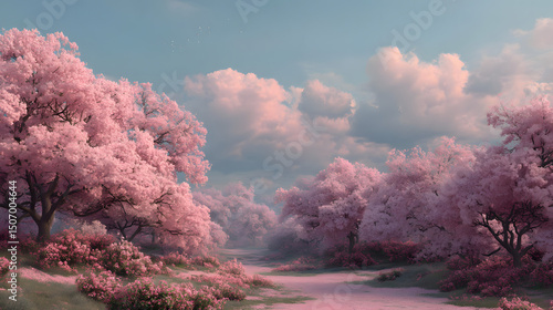 Blossom Harmony: Cherry blossoms paint the landscape in soft hues, creating a serene haven under a pastel sky, where nature's beauty unfolds in a symphony of color and tranquility.