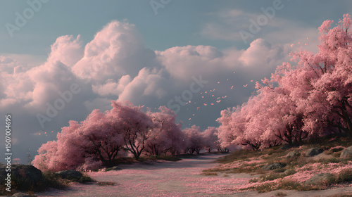 Sakura Trail: A serene trail winds through a vibrant landscape of cherry blossoms, under a cloudy sky that whispers of spring.