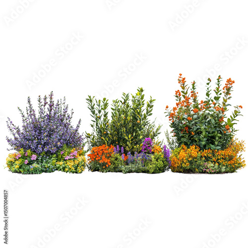 Vibrant garden display featuring variety of colorful flowers and lush greenery, creating lively and inviting atmosphere. arrangement includes purple, orange, and yellow blooms, enhancing beauty