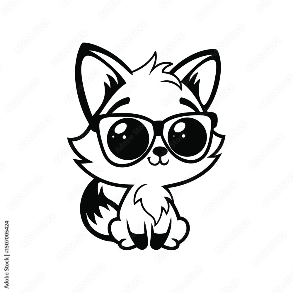Obraz premium Cartoon Fox with Glasses, Cute Animal, Minimalist Black and White Outline Drawing