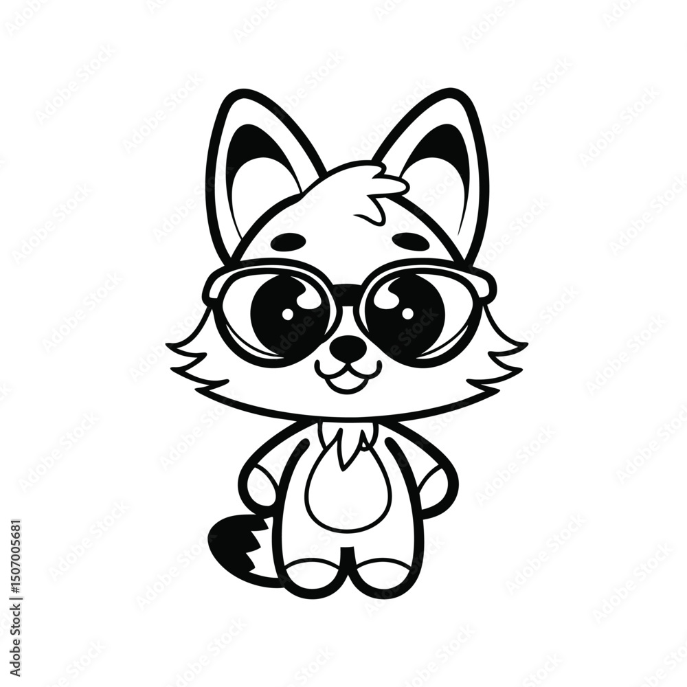 Fototapeta premium Cartoon Fox in Glasses Outline Illustration; Cute Animal Standing Posing Isolated