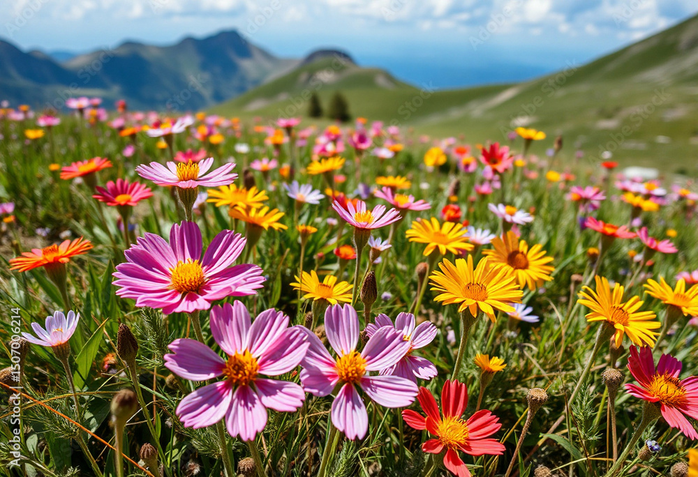 Obraz premium Colorful alpine meadow with variety of wildflowers under mountain sky