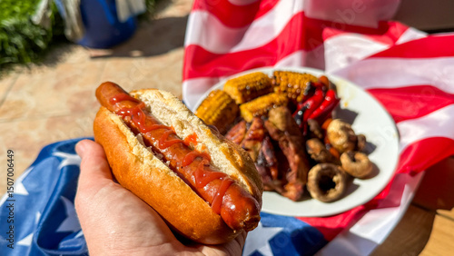 Photography Barbecue symphony of sizzling hot dogs and corn on patriotic fabric evokes Fourt