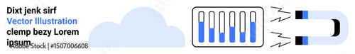 Cloud graphic next to data bars being transferred towards a magnet, symbolizing data attraction, retrieval, or organization. Ideal for cloud computing, storage systems, data management, technology