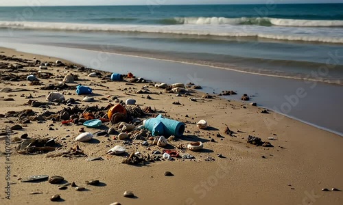 A beach full of scattered rubbish.