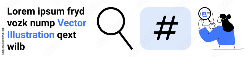 Obraz premium Magnifying glass, blue metadata tag in square, text snippet, person in blue holding magnifying glass. Ideal for search, analytics, research, social media, investigation branding simple landing page