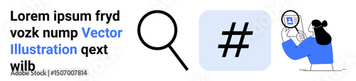 Magnifying glass, blue metadata tag in square, text snippet, person in blue holding magnifying glass. Ideal for search, analytics, research, social media, investigation branding simple landing page