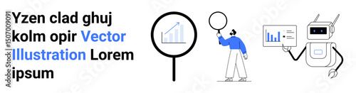 Business person analyzing data via magnifying glass, assisted by a graph-displaying robot. Ideal for technology, analysis, innovation, teamwork, research, automation, and simple landing page