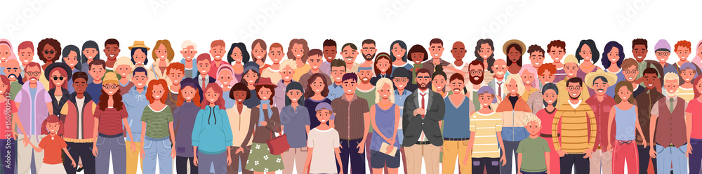 Standing group of people seamless pattern. Including kids, teenagers, adults, and seniors. Men and women, young and old, from different cultures vector illustration
Standing group of people seamless pattern. Including kids, teenagers, adults, and seniors. Men and women, young and old, from different cultures vector illustration