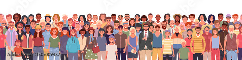 Standing group of people seamless pattern. Including kids, teenagers, adults, and seniors. Men and women, young and old, from different cultures vector illustration
