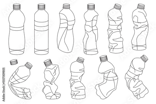 vector crumpled plastic bottles black line
