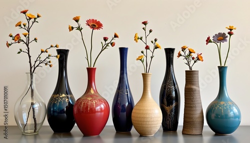 an assortment of decorative vases in various sizes, shapes, and colorsâ€”red, blue, brownâ€”on a shelf, arranged neatly, with some flo