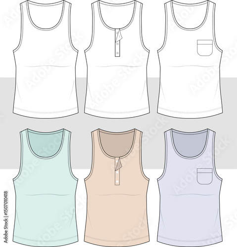 Women's sets of Tank Top, Fashion Technical Drawing, Flat sketch, Illustration, Vector. CAD, Mockup.