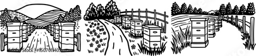 beehive landscapes collection rural beekeeping scenes, apiary boxes, wildflowers, fields, countryside nature, environment