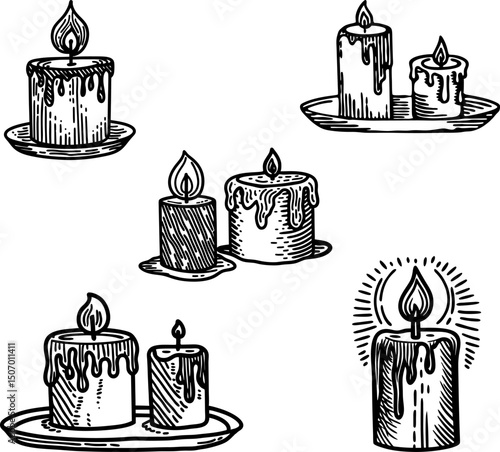 hand drawn burning candles set melted wax, vintage sketch illustration of decorative candlelight elements