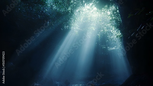 In the jungle trees there is a beautiful light with dramatic and beautiful highlights.