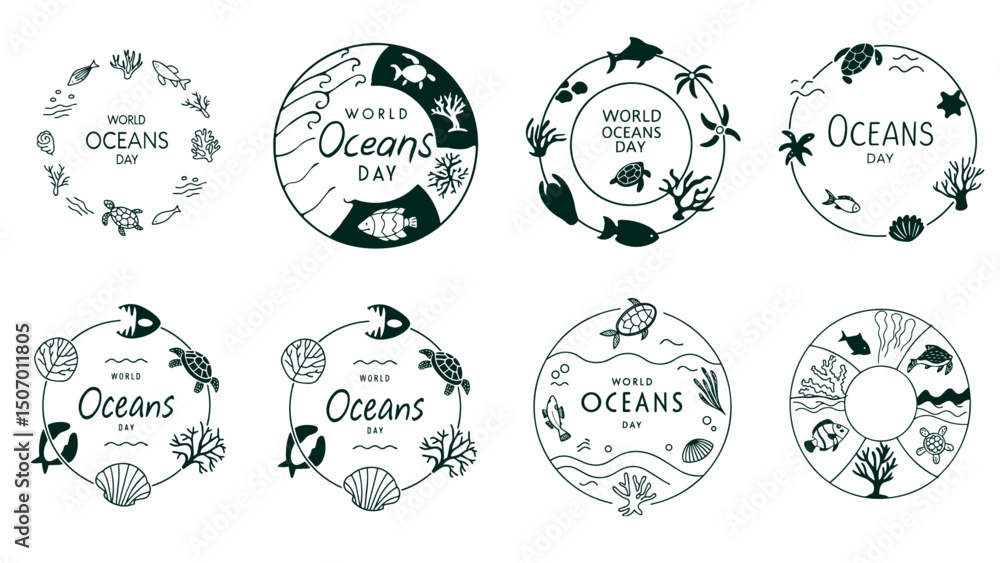 World Oceans Day Circular Vector Set – Elegant Line Art with Marine Life & Ocean Conservation Symbols World Oceans Day Circular Vector Set – Elegant Line Art with Marine Life & Ocean Conservation Symbols