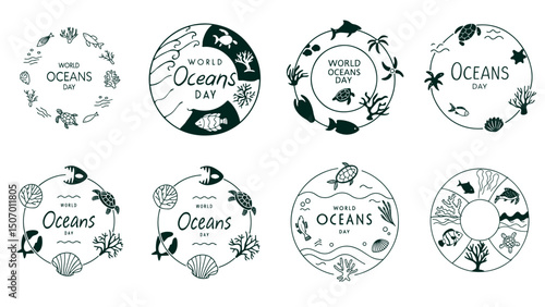 World Oceans Day Circular Vector Set – Elegant Line Art with Marine Life & Ocean Conservation Symbols