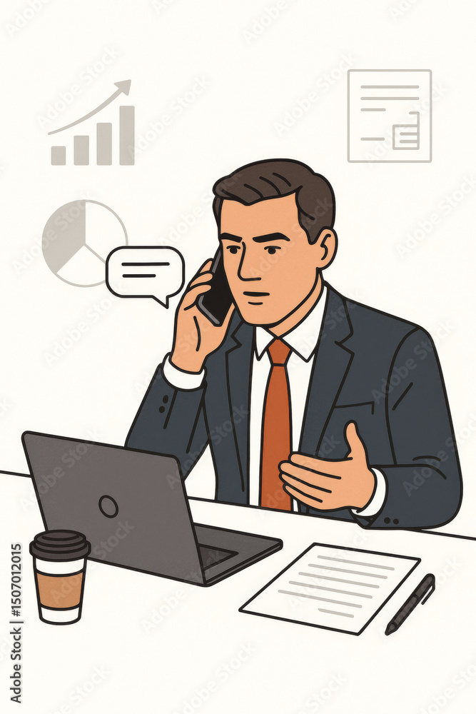 Business executive professional talking phone conference call meeting. Corporate communication growth chart analytics data strategy consultation office businessman vector illustration Business executive professional talking phone conference call meeting. Corporate communication growth chart analytics data strategy consultation office businessman vector illustration
