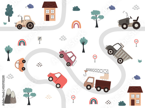 Seamless pattern for kids with colorful vehicles such as cars, trucks, tractors and road and houses in flat style. Vector