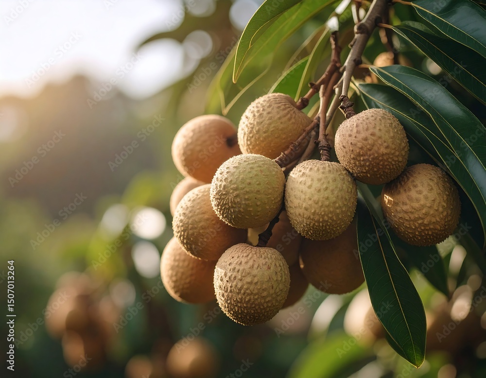 Fototapeta premium Ripe Lychees Hanging on Branch in Orchard Sunlight Tropical Fruit Harvest