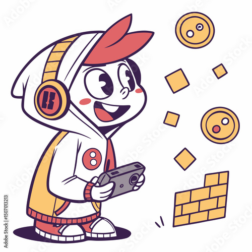 Cartoon Boy Playing Video Game on Handheld Console with Retro Style