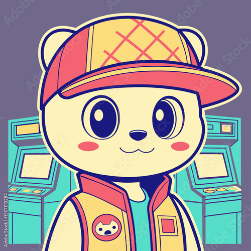 Cute Bear with Arcade Machines in Retro Style Illustration for Fun