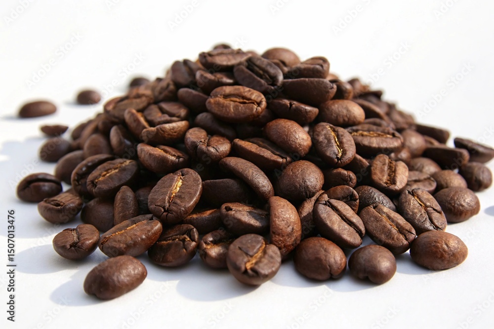 Naklejka premium Roasted coffee beans pile close up isolated on white background
